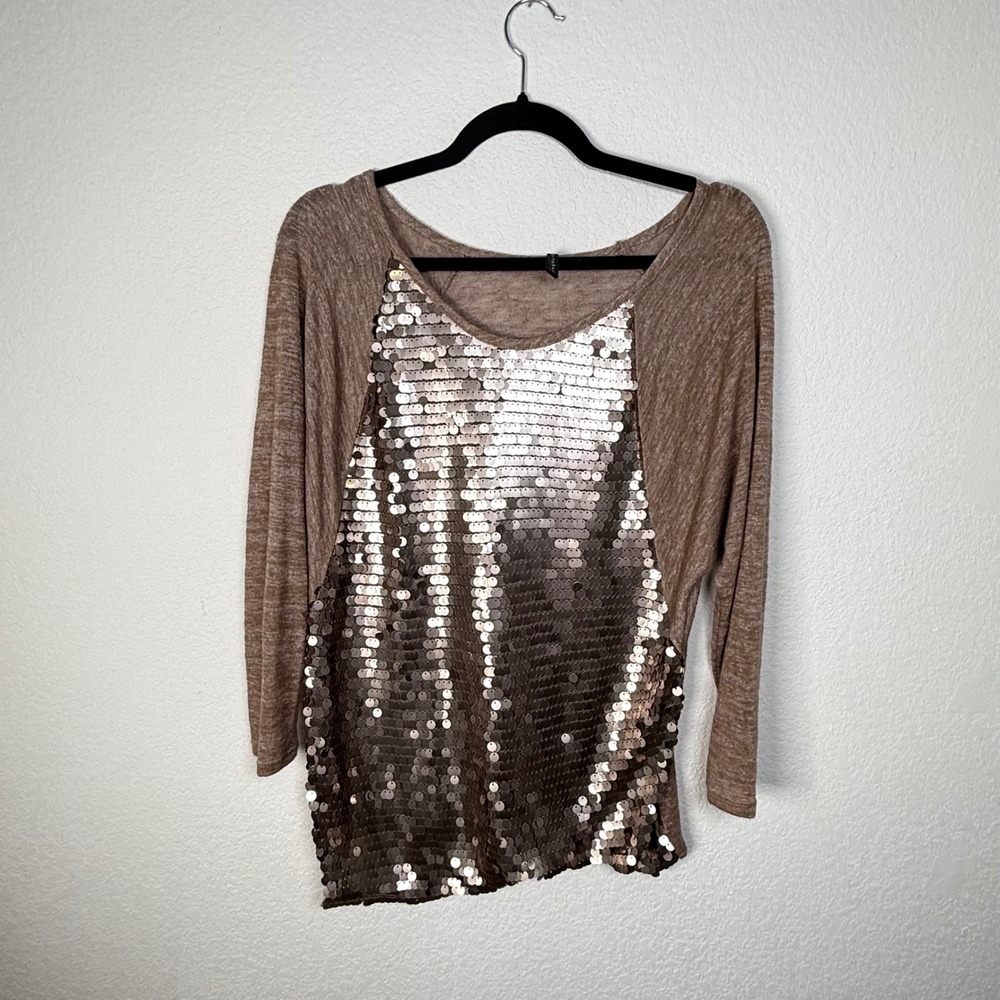 Sequin Embellished Top B Jewel Champagne Brown 3/4 Sleeve Party Blouse